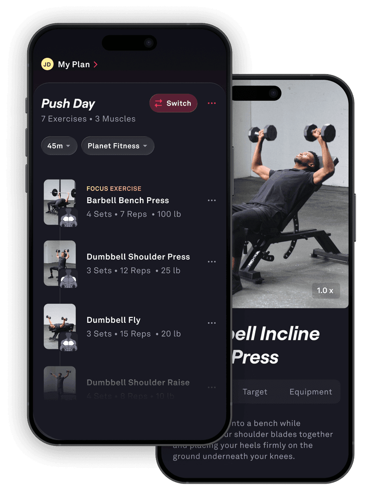 Screenshots of the Fitbod mobile app, highlighting its capabilities, showing a workout and exercises being performed.